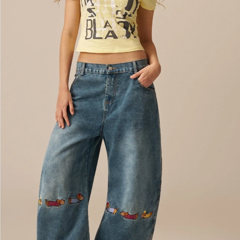Aelfric Eden Blue Wide Leg Jeans with Embroidery